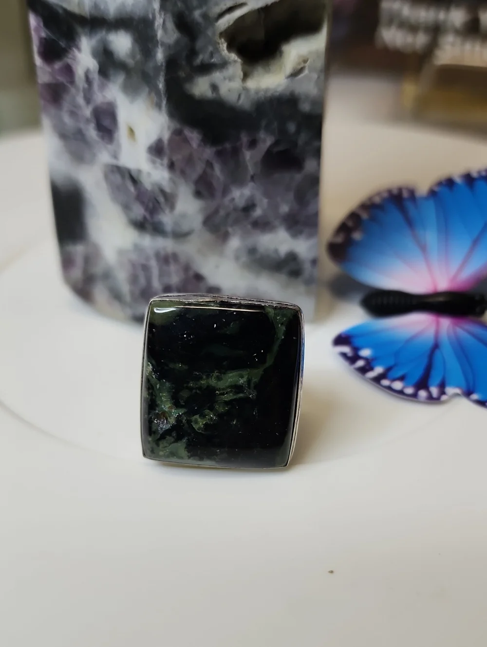 Square Dark Green and Black Stone Statement Ring